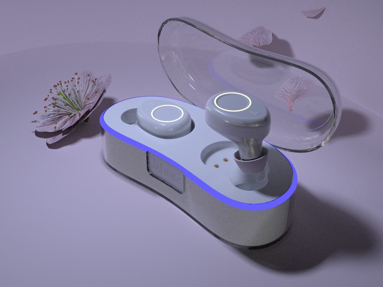 Rendering of a white earbuds set