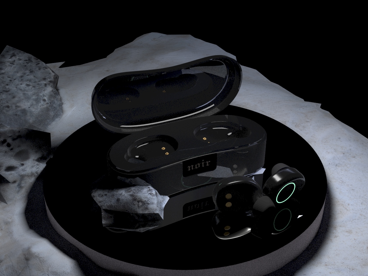 Rendering of a black earbuds set