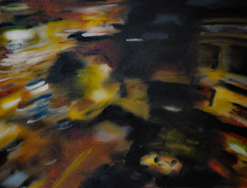 oil on canvas study of a cityscape from height, blurred through broad brush strokes.