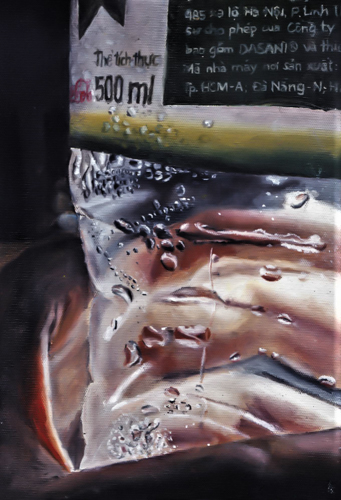 oil on canvas study of water condensation in a plastic bottle