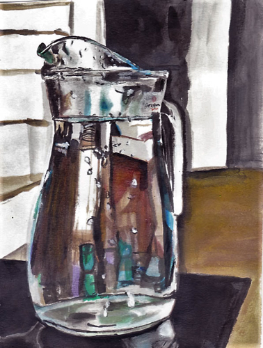 Ink on paper study of a glass jug containing water